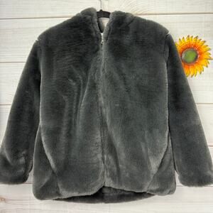 Zara Kids Gray Faux Fur Hooded Zip Up Jacket Size 13/14